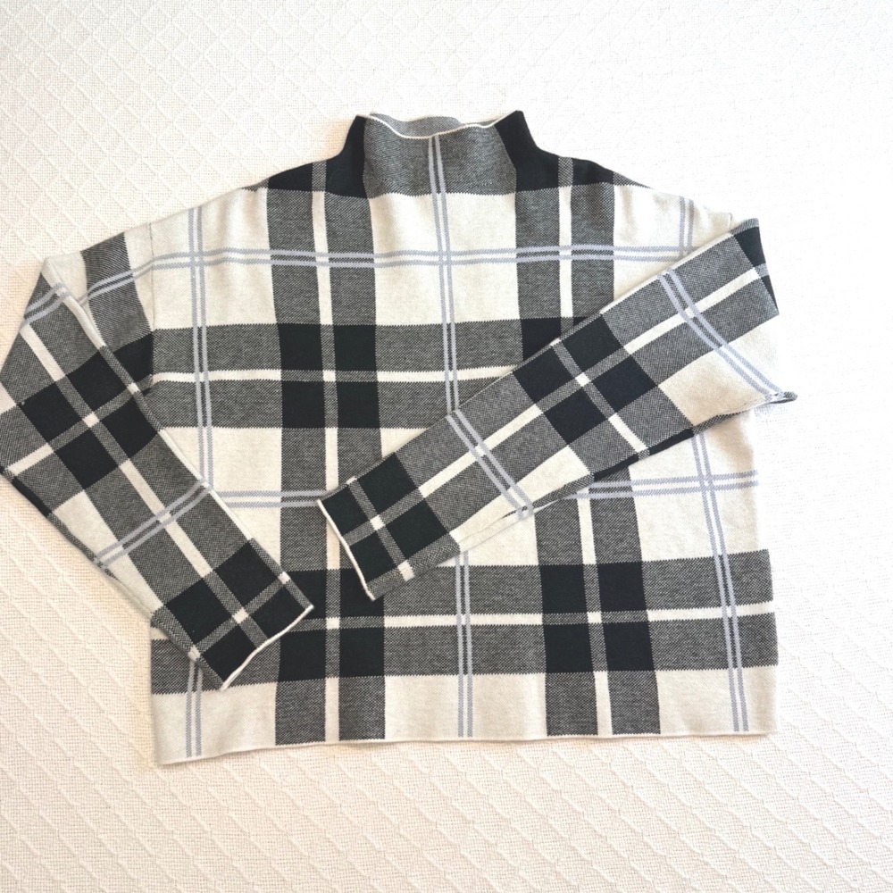 Tahari Womens Black White Plaid Mock Neck Boxy Knit Sweater Size L